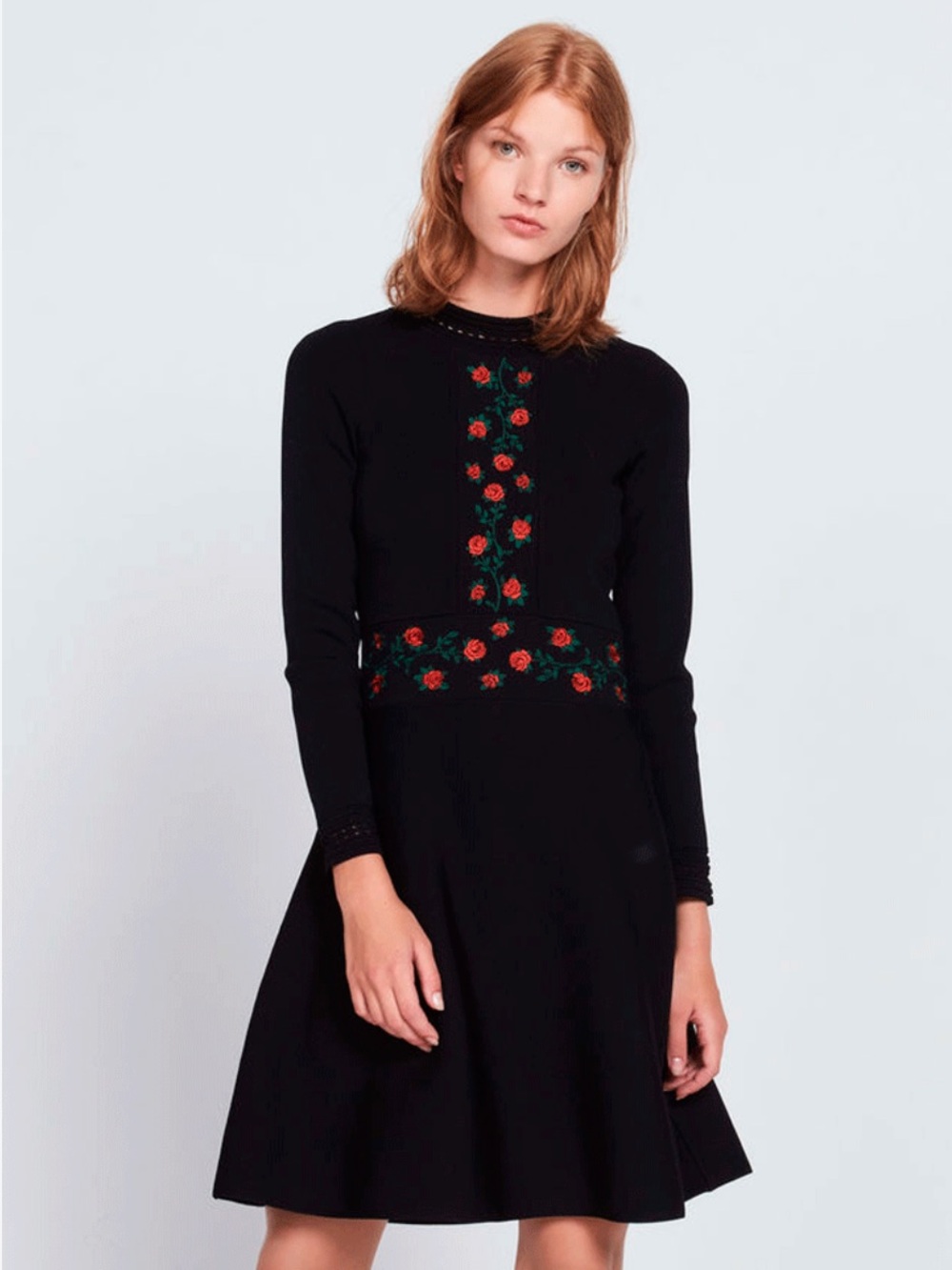 Sandro Paris R1934H Black Rose Embroidered Knit Fit & Flare Dress